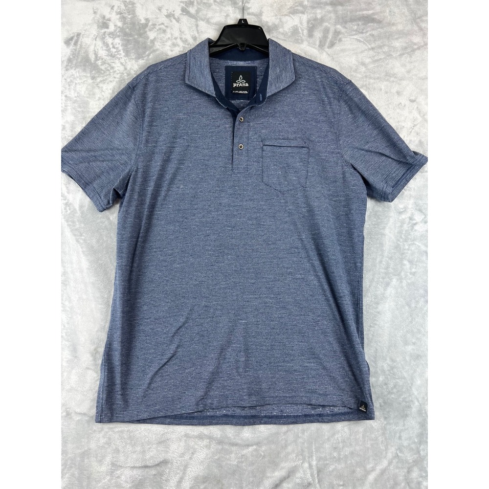 Prana Mens XLarge‎ Blue Striped Pocket Polo Shirt Casual Short Sleeve